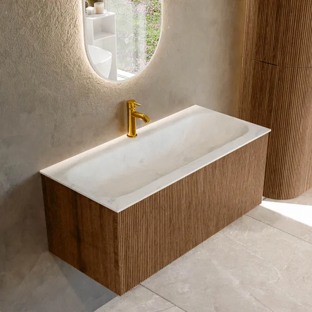 Mondiaz KURVE-DLUX 100 cm Onderkast Greeploos 1 Lade Zonder Deuren Walnut, Wastafel Solid Surface Volledig Opalo 1 Kraangat Zonder Spiegel (KRVBGM1001L0D1KM-Wal/Opa)