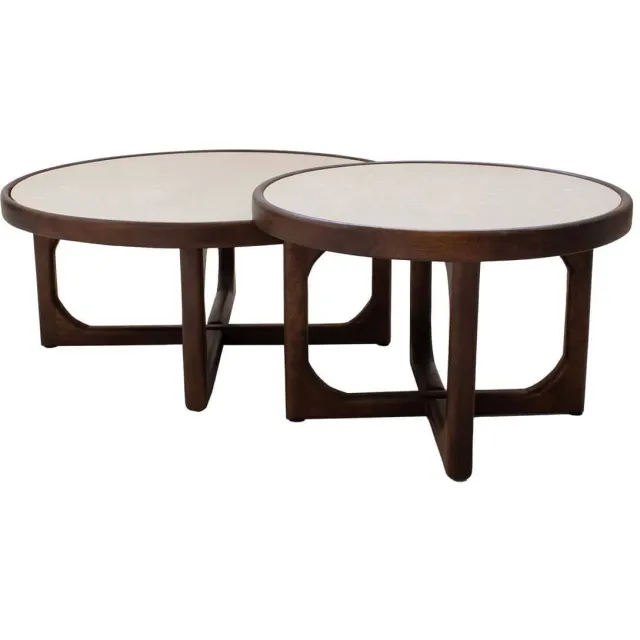 Giga Meubel Salontafel Ayase Rond - Marmer/Hout - Donkerbruin - Set van 2