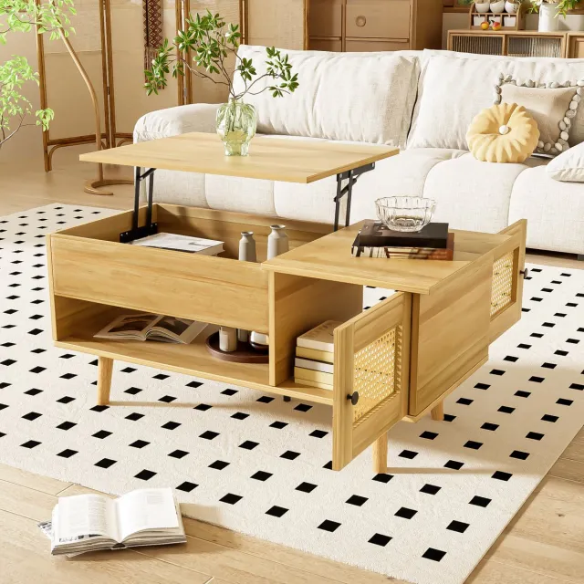 MODENUIT Salontafel - Hefbaar Tafelblad Met Opbergruimte - Voor Woonkamer - Spaanplaat Houtkleur - 103x50x46/60 Cm
