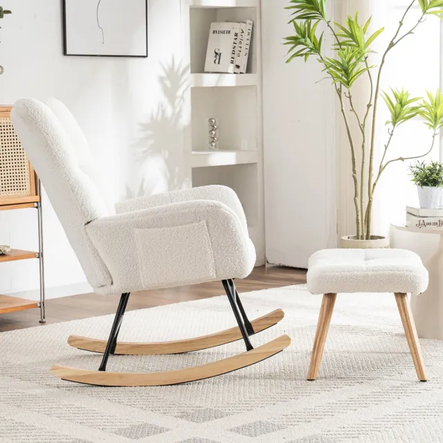 DESMIU Schommelstoel 92 Cm - Met Hocker En Armleuningen - Voor Woonkamer, Slaapkamer En Terras - Teddy En Houten Onderstel - Wit