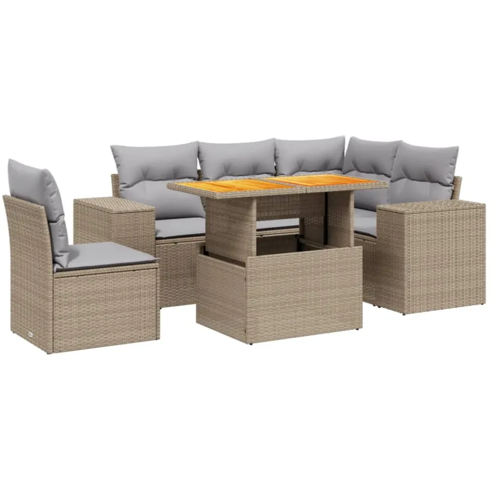 vidaXL 6-delige Loungeset met kussens poly rattan beige, foto 3