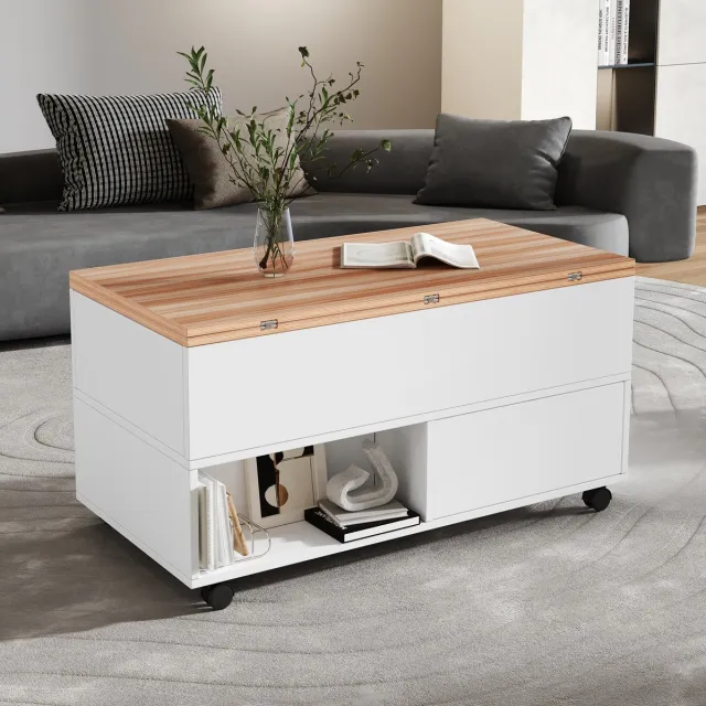 MEUNIQ Salontafel 100 x 50 x 52 cm met opklapbare en in hoogte verstelbare tafelbladen, 4 lades, opbergruimte en wielen voor woonkamer, wit en houtkleur