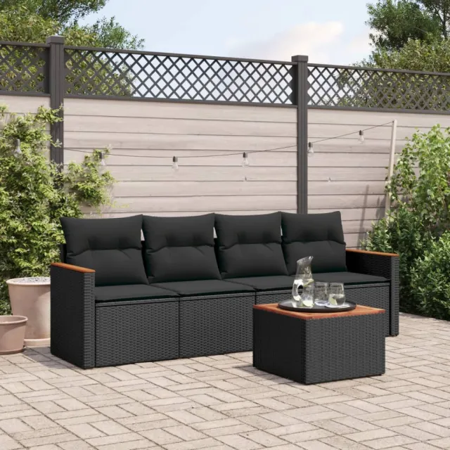 vidaXL 5-delige Loungeset met kussens poly rattan zwart, foto 2