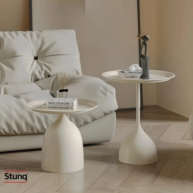 Stunq 2-delige ronde bijzettafelset wit/creme, moderne metalen bijzettafel voor kleine ruimtes, minimalistisch accent
