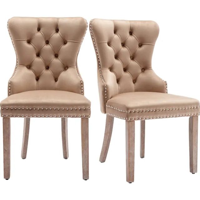 Merax Set van 2 Luxe Eetkamerstoelen – Velvet Bekleding – Met Deurklopring op de Rug – Nagelkopafwerking – Massiefhouten Poten – Lichtbruin