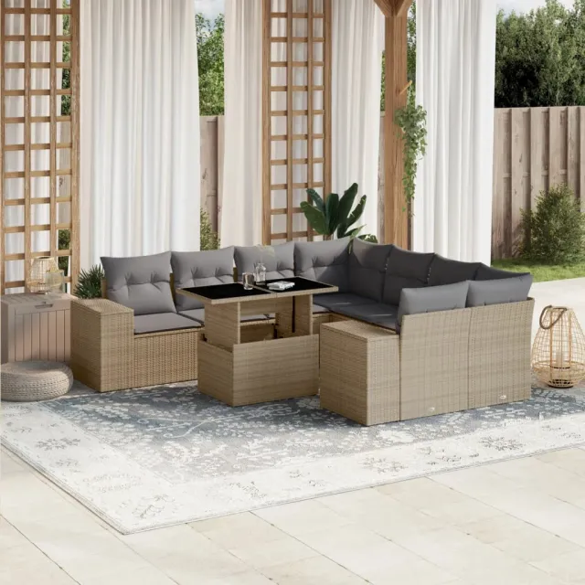 vidaXL 9-delige Loungeset met kussens poly rattan beige, foto 2
