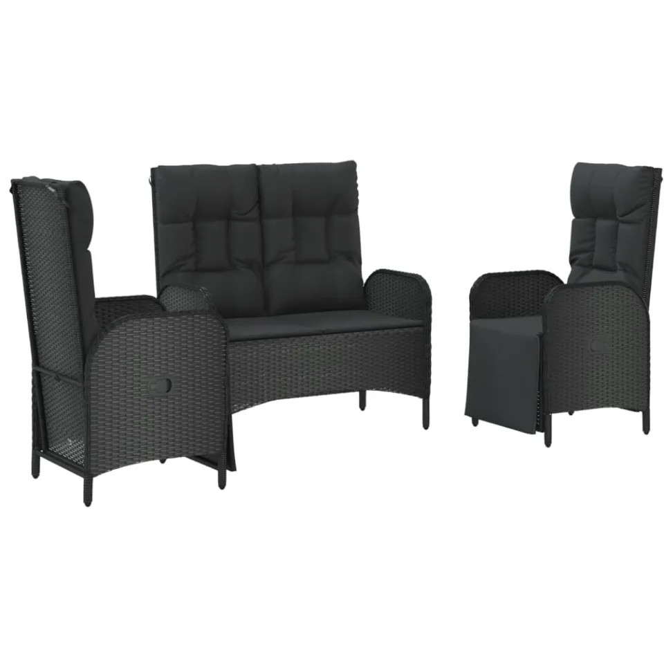 vidaXL 3-delige Tuinset met kussens poly rattan zwart