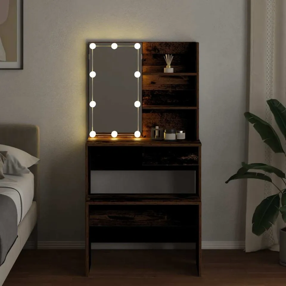 vidaXL Kaptafelset met LED-verlichting bewerkt hout oud houtkleurig bruin, foto 3