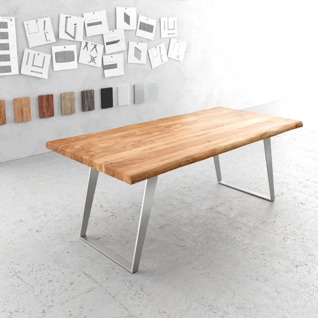 DELIFE Eettafel Edge acacia natuur 200x100 XL edelstaal schuin Live-Edge Bruin