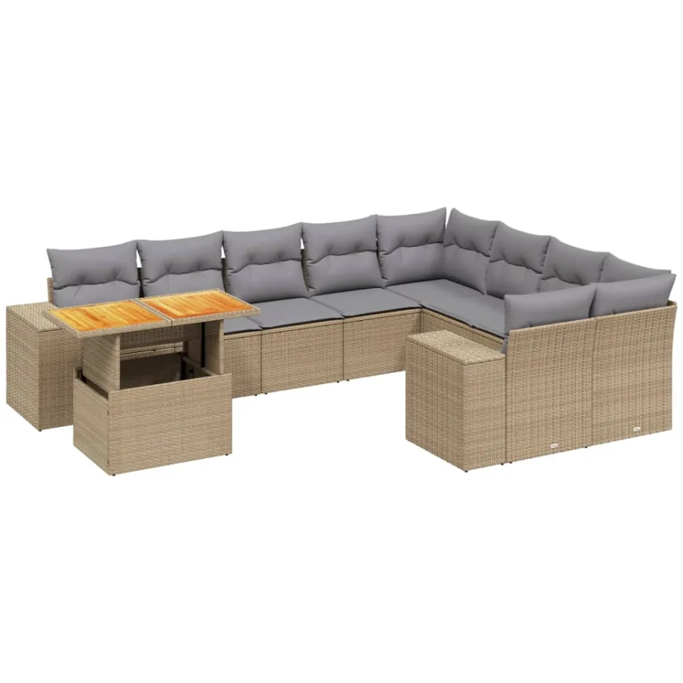 vidaXL 10-delige Loungeset met kussens poly rattan beige, foto 3