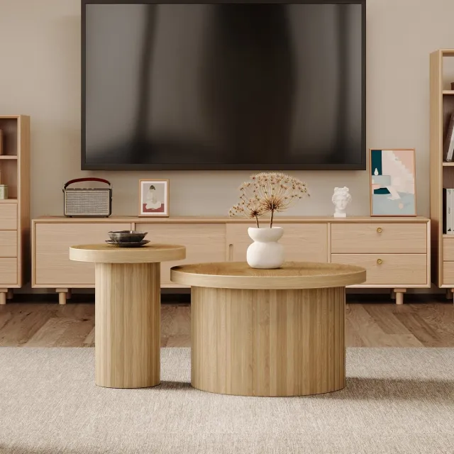 MEUNIQ Salontafel set van 2 ronde tafels Ø66 en Ø40 cm, combineerbare salontafel en bijzettafel voor woonkamer, naturel