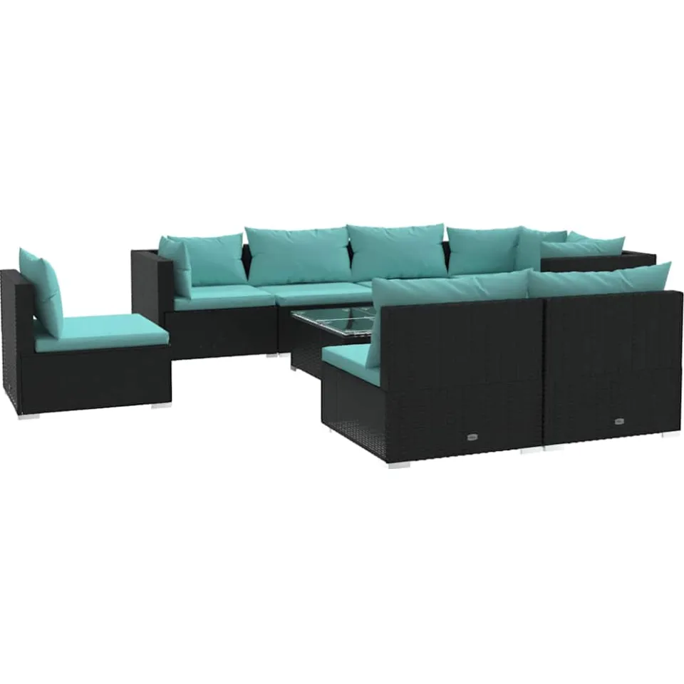vidaXL 9-delige Loungeset met kussens poly rattan zwart