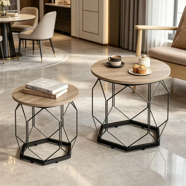 CHICFURN Bijzettafel 50 cm - set van 2 - afneembare tafelbladen - metalen frame - woonkamer - hout en metaal - grijs houtlook