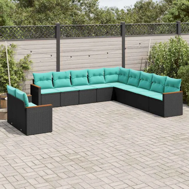 vidaXL 11-delige tuinbankset met kussens, zwart polyrotan, foto 2
