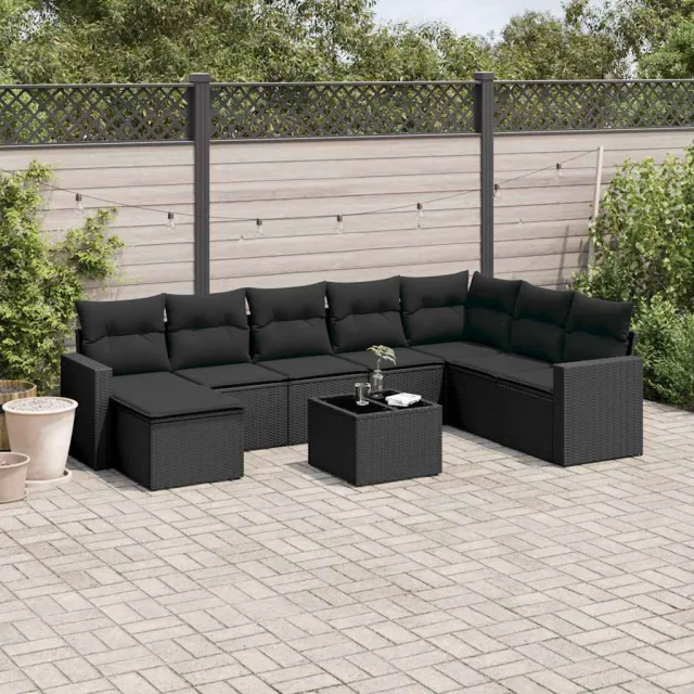 vidaXL 9-delige Loungeset met kussens poly rattan zwart, foto 2