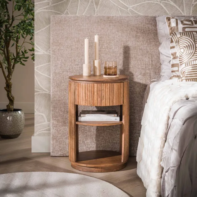 Alaska Wave - Nachtkastje rond - 1 lade - Massief mango zand - 40 x 40 x 60 cm Beige