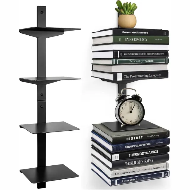 Lexium Store Verticale onzichtbare boekenkast - Zwart - 4-laags - Metalen zwevende boekenplank - Voor muurmontage en ruimtebesparing 2PC-4 Tier