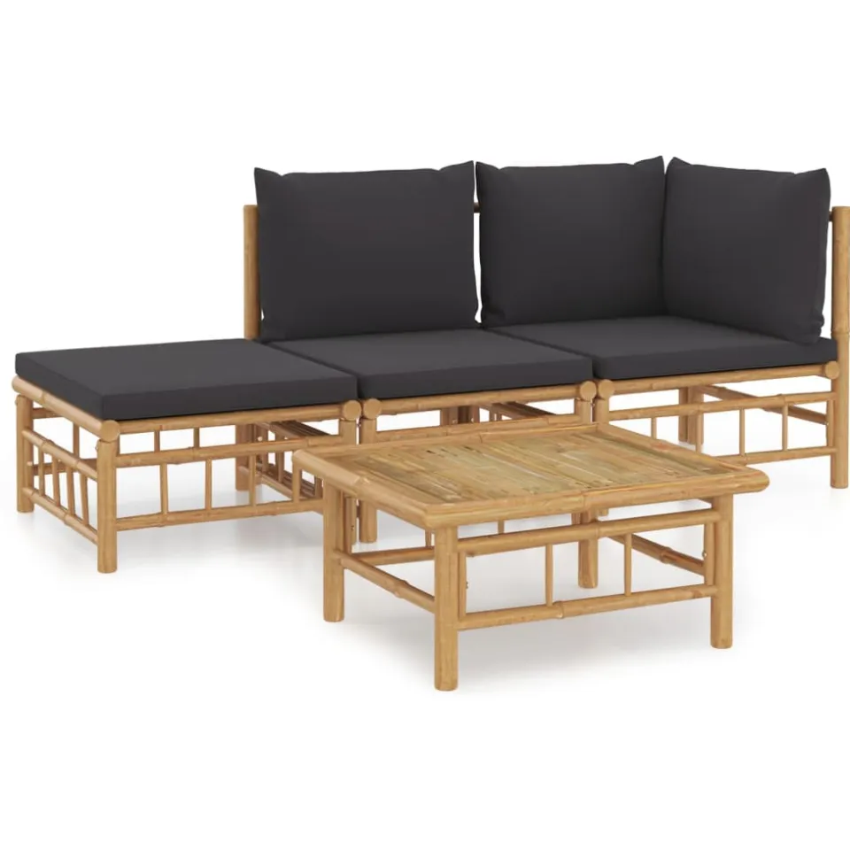 vidaXL 4-delige Loungeset met kussens bamboe donkergrijs Bruin