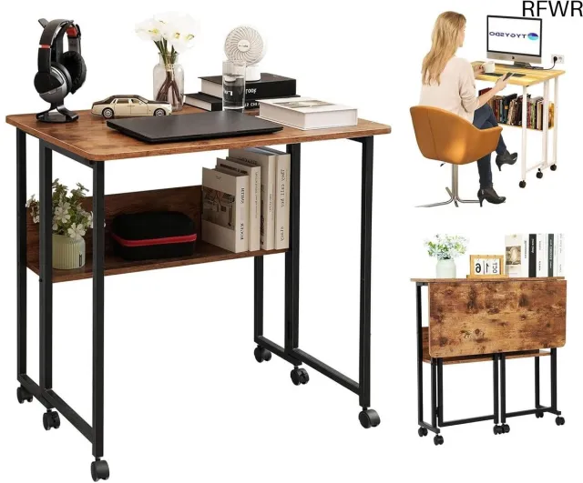 RFWR Inklapbaar bureau 80 cm met wieltjes - Ruimtebesparende computertafel voor kantoor en kleine ruimtes Vintage koffie