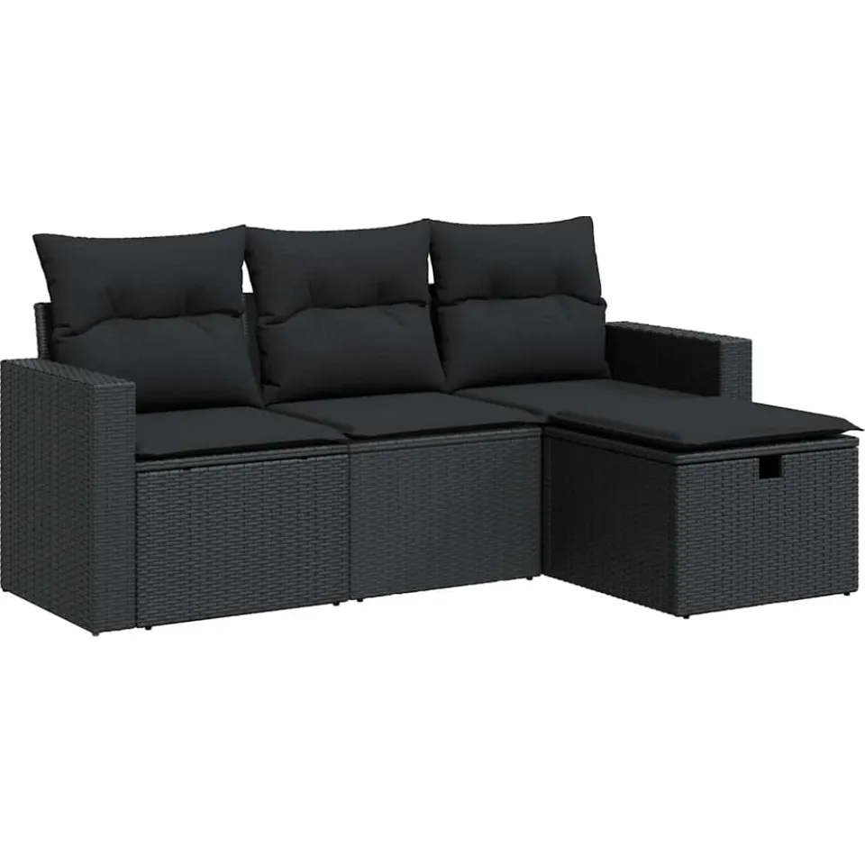 vidaXL 4-delige Loungeset met kussens poly rattan zwart, foto 3