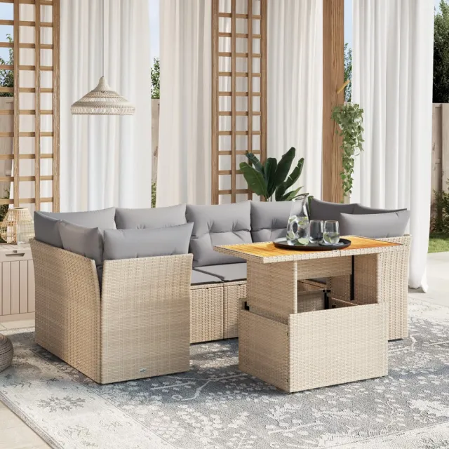 vidaXL 7-delige Loungeset met kussens poly rattan beige, foto 2