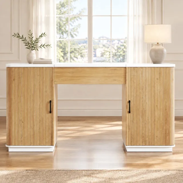 Wishdor Bureau - Handmatig verstelbaar in twee hoogtes - Verborgen opbergruimte onder het blad - 2 lades en 2 open vakken - Moderne lamellenlook - Thuiskantoor slaapkamer - MDF - Wit en eikenlook