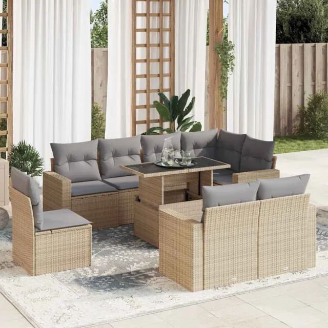 vidaXL 9-delige Loungeset met kussens poly rattan beige, foto 2