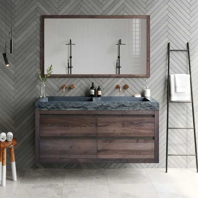 Forzalaqua Badkamermeubelset Forzalaqua Palermo Doppio Graniet Gela 2.0 Charcoal 140 cm Met Spiegel Met 2 Kraangaten