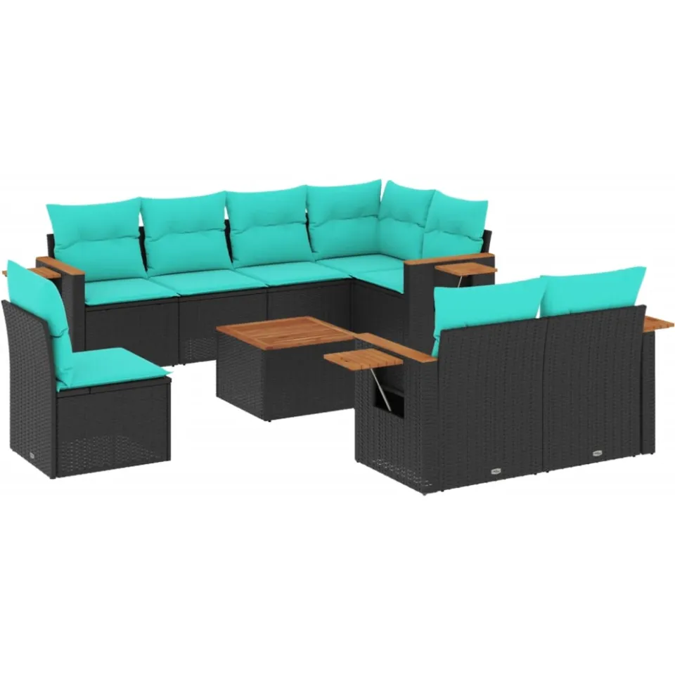 vidaXL 9-delige Loungeset met kussens poly rattan zwart, foto 3