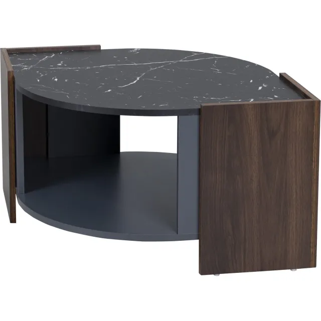 REDOM Nestbare salontafel set 2-delig — modern zwart metalen frame, marmerlook & glas tafelbladen met lade en goudgreep