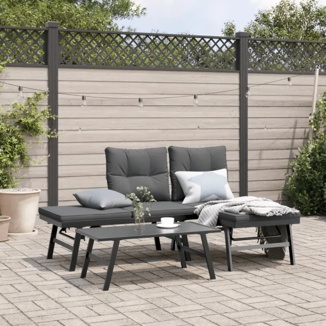 vidaXL 3-delige Tuinbankenset met kussens gepoedercoat staal zwart, foto 2