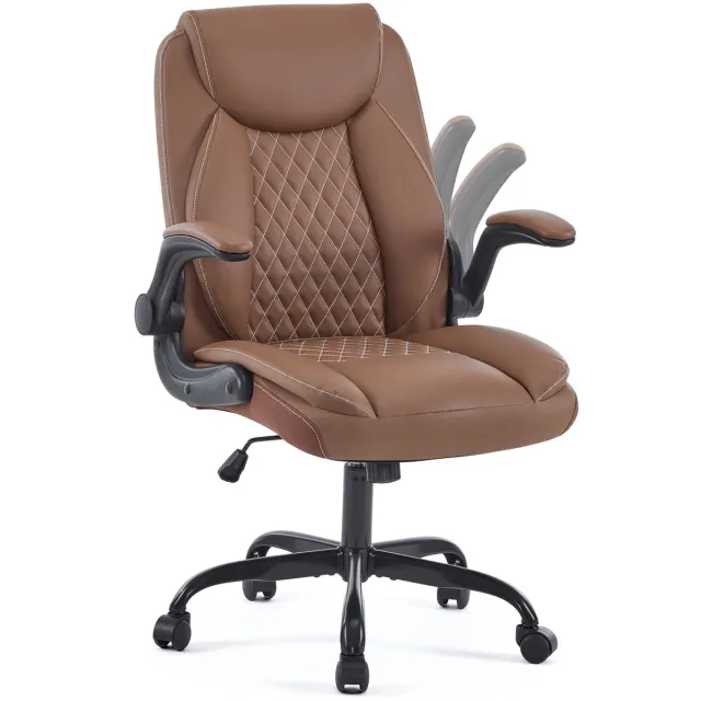 MIVRAY Bureaustoel 64 x 64 x 112 Cm - Ergonomisch Met Lendensteun En Opklapbare Armleuningen - Voor Thuis, Kantoor En Gaming - Leer Bruin Brown