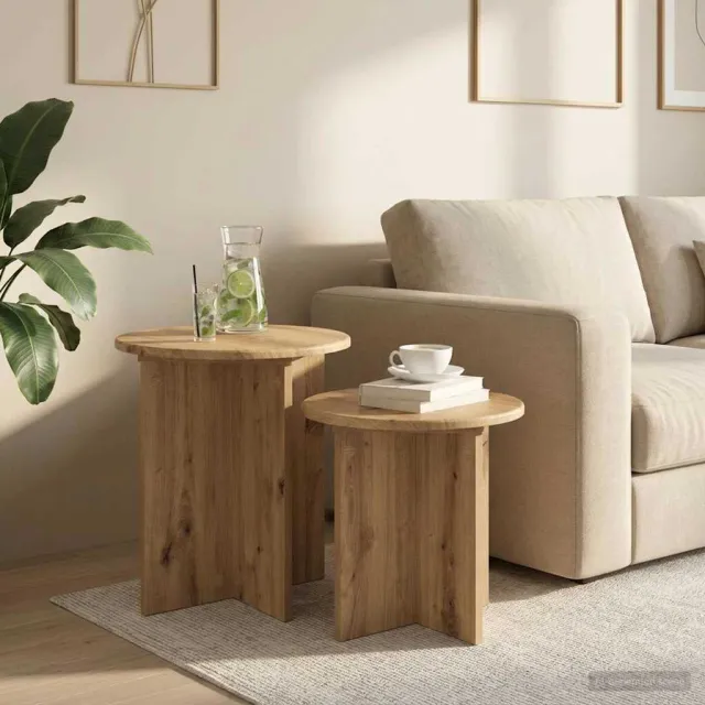 vidaXL Bijzettafelset 2 st Artisanaal eiken Ø 45 x 45 cm Bruin