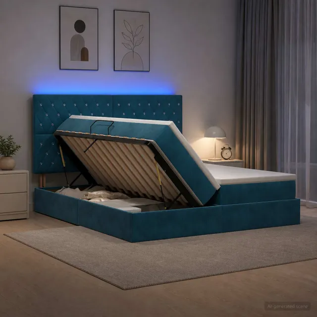 vidaXL LED Opslagbed met Matras Donkerblauw 200 x 200 cm Fluweel