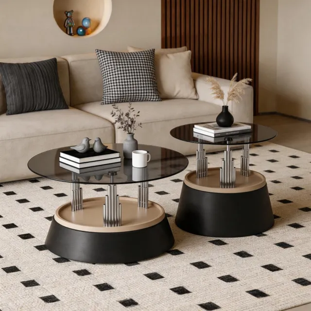 MODENUIT Salontafel - 2-delige Nestingset Met Glasplaat - Woonkamer - Glas En Metaal - Zwart - 70x60x48 Cm