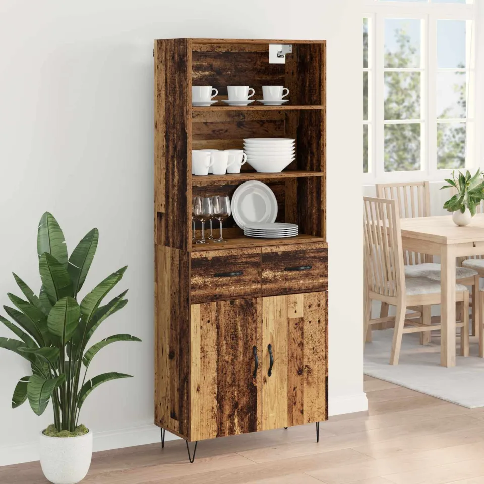 vidaXL Hoge kast 2 st Oudhout 69,5 x 34 x 180 cm Bewerkt hout en glas bruin, foto 4