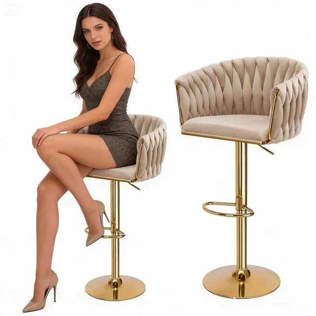 springos Luxe Beige Goud Velours Draaibare Hocker - Verstelbaar Glamour