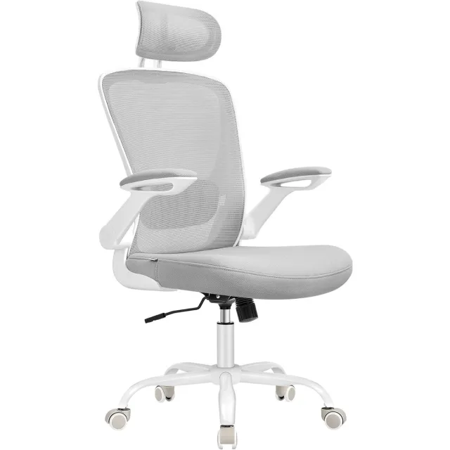 Songmics Ergonomische bureaustoel, draaistoel met mesh, lendensteun en hoofdsteun, schommelfunctie, 53 cm zitting, opvouwbare armleuningen, werk- en slaapkamer, duifgrijs OBN047G01