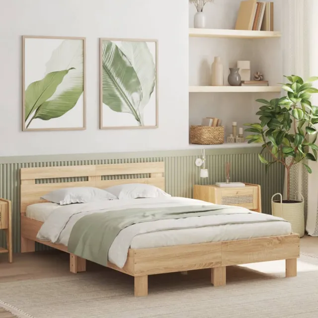 vidaXL Bedframe met hoofdeinde en LED sonoma eikenkleurig 135x190 cm
