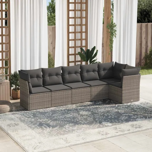 vidaXL 6-delige Loungeset met kussens poly rattan grijs, foto 2