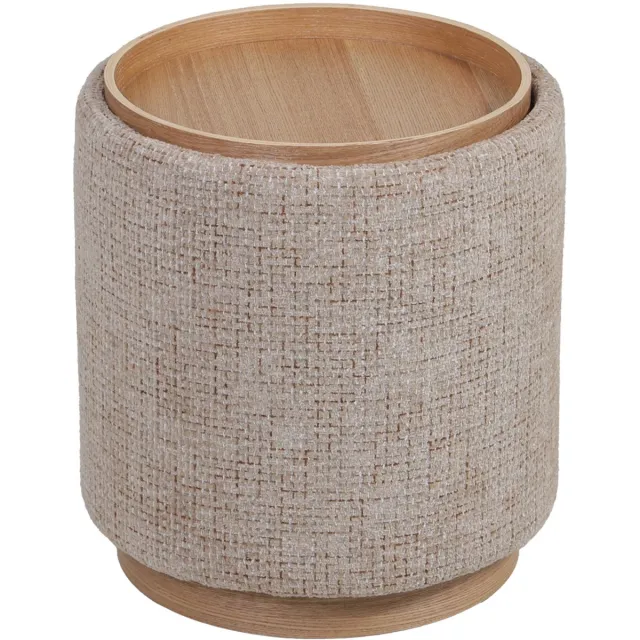 DÉJA Living Bijzettafel Marcia Taupe/Naturel – Rond – Met Opbergruimte – Chenille en Essenfineer – 40x40x44 cm