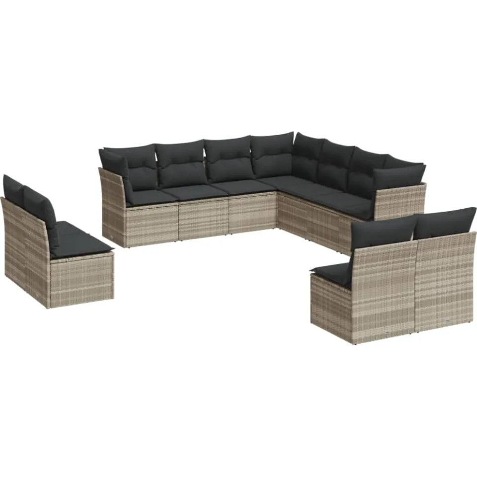 vidaXL 11-delige Loungeset met kussens poly rattan lichtgrijs grijs, foto 3