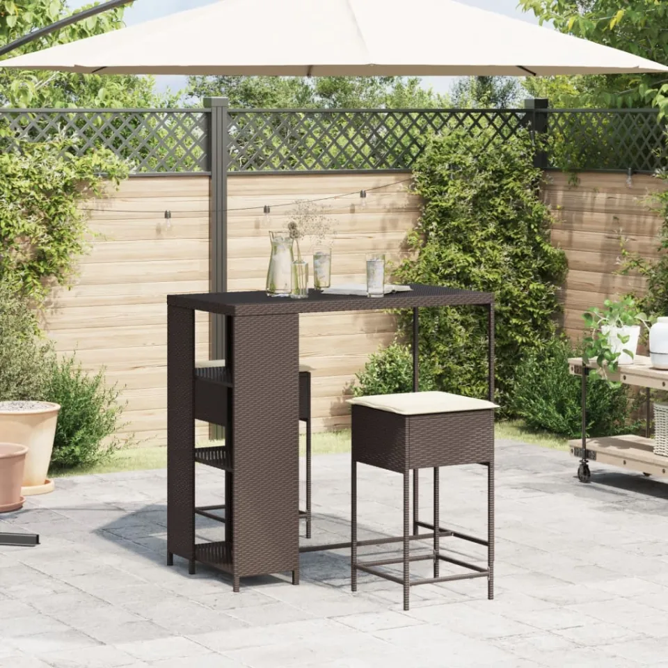 vidaXL 3-delige Tuinbarset met kussens poly rattan bruin, foto 2