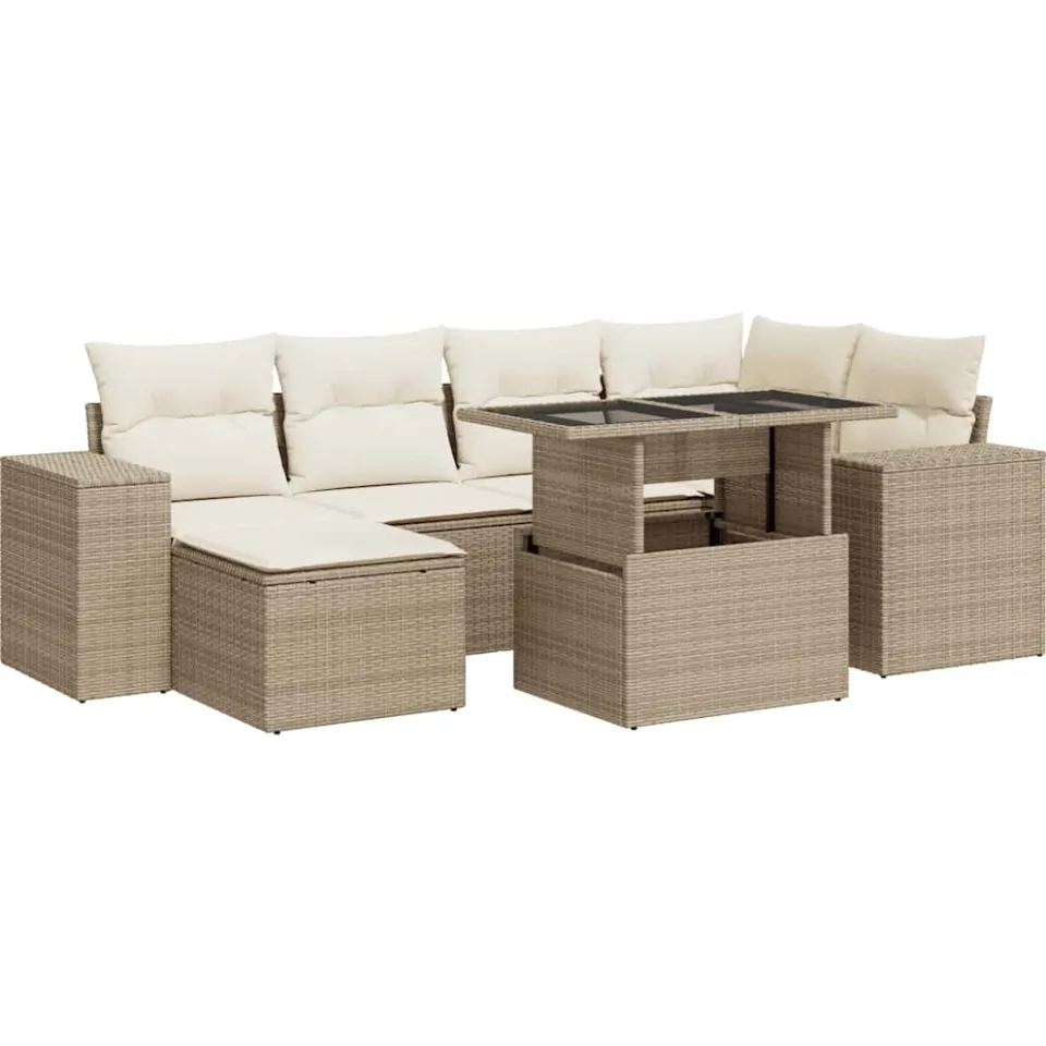 vidaXL 7-delige Loungeset met kussens poly rattan beige, foto 3