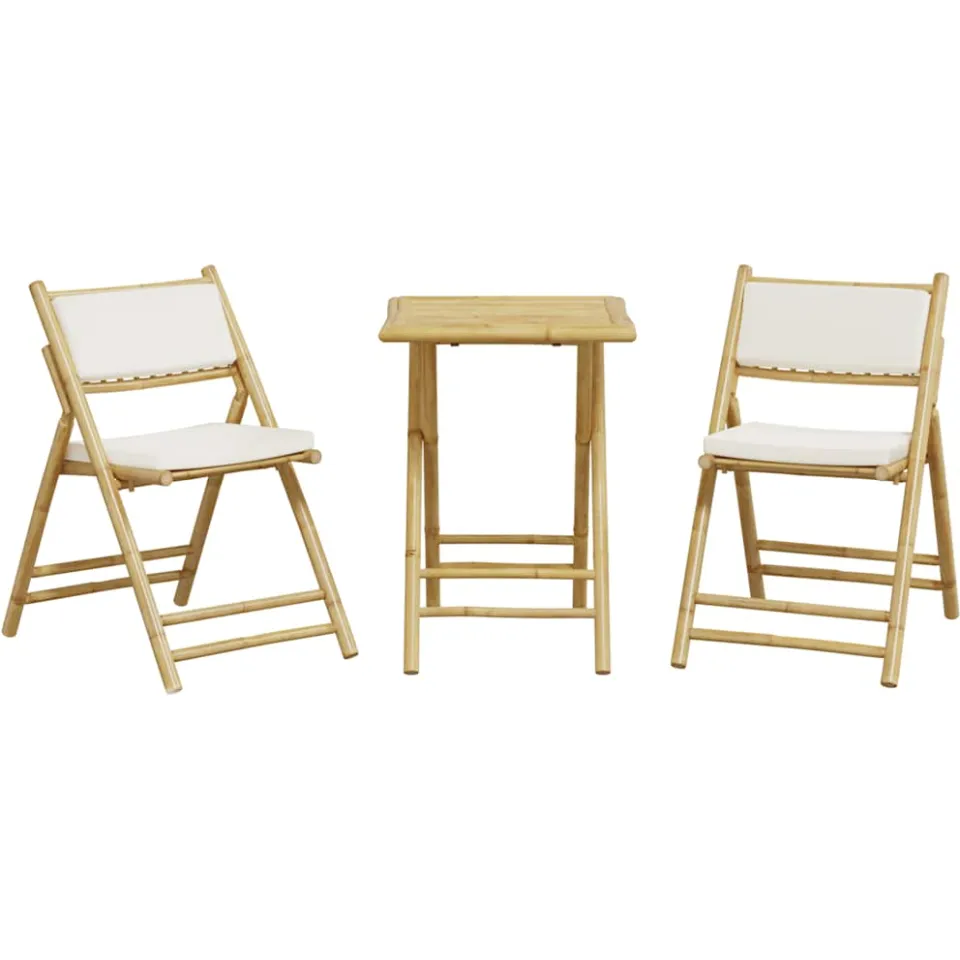 vidaXL 3-delige Bistroset inklapbaar met kussens bamboe crèmewit, foto 4