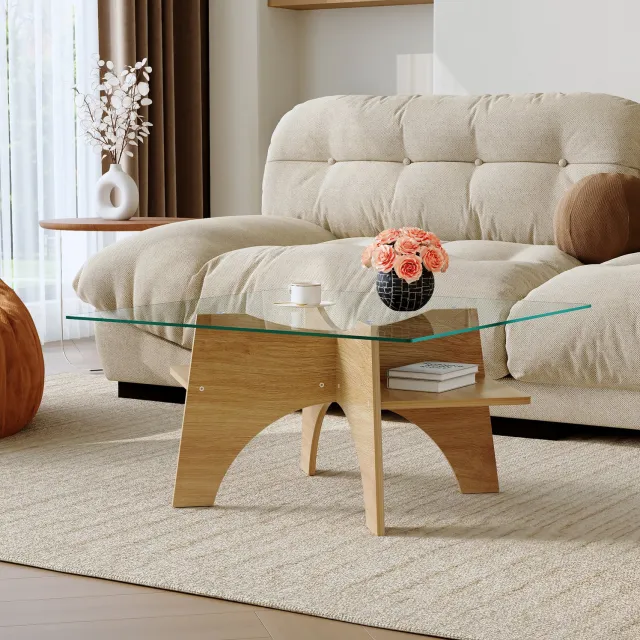 CHICFURN Salontafel - Opbergvak - MDF onderstel - Transparant en hout
