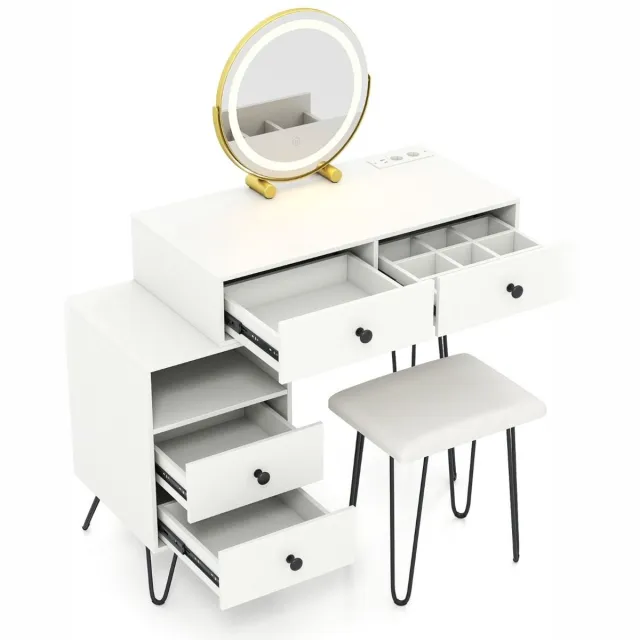 GranMaison Kaptafel met spiegel en verlichting - Make up tafel - Make up - Toilettafel -Met lades - Kaptafels - Met kast - Wit + Zwart
