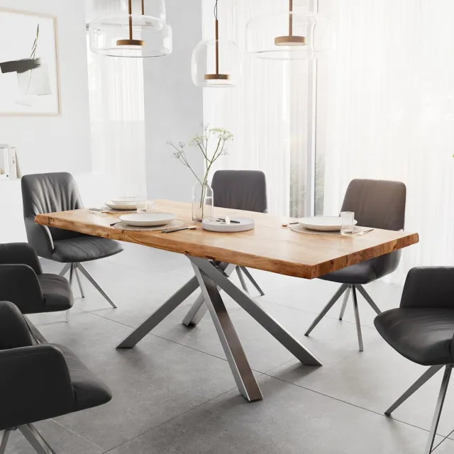 DELIFE Eettafel Edge acacia natuur 200x100 XL kruisframe rechthoek edelstaal Live-Edge eettafel Bruin