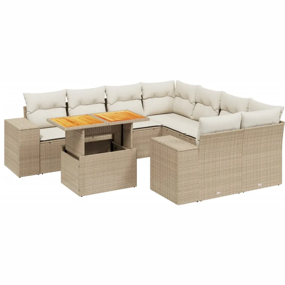 vidaXL 9-delige Loungeset met kussens poly rattan beige, foto 3