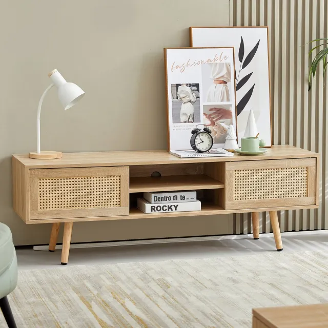 REDOM TV-meubel - Rotan schuifdeuren - Verstelbare planken en open vakken - Opbergruimte - Scandinavische stijl - Woonkamer - MDF - Naturel hout - 140 x 40 x 46,5 cm